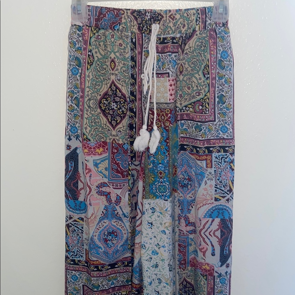 SHEIN Bohemian Patchwork Wide-Leg Beach Pants with Side Slit